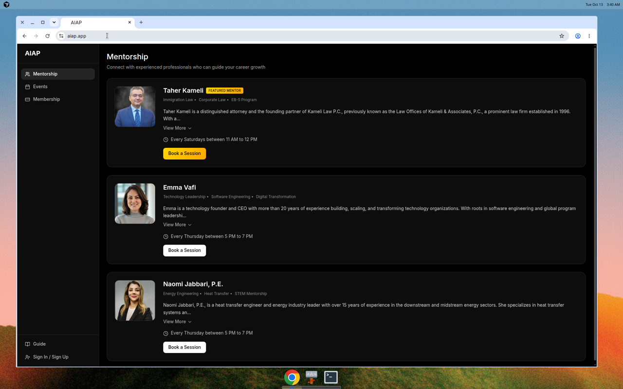 AIAP mentorship directory with mentor profiles and booking